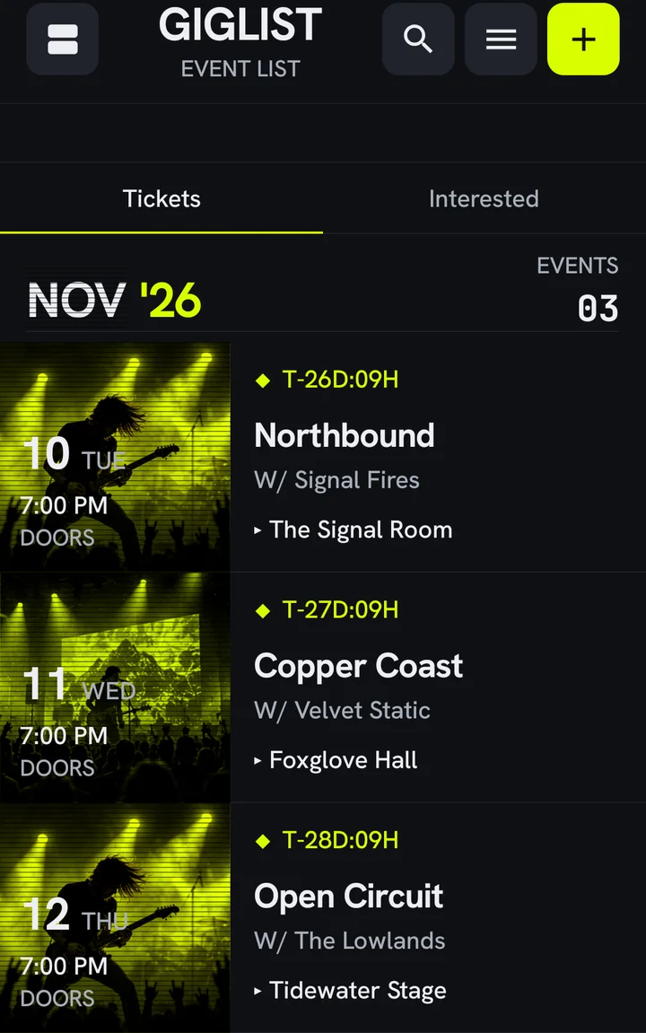 Giglist groups concert tickets by month, with each show's date, artwork, and venue.